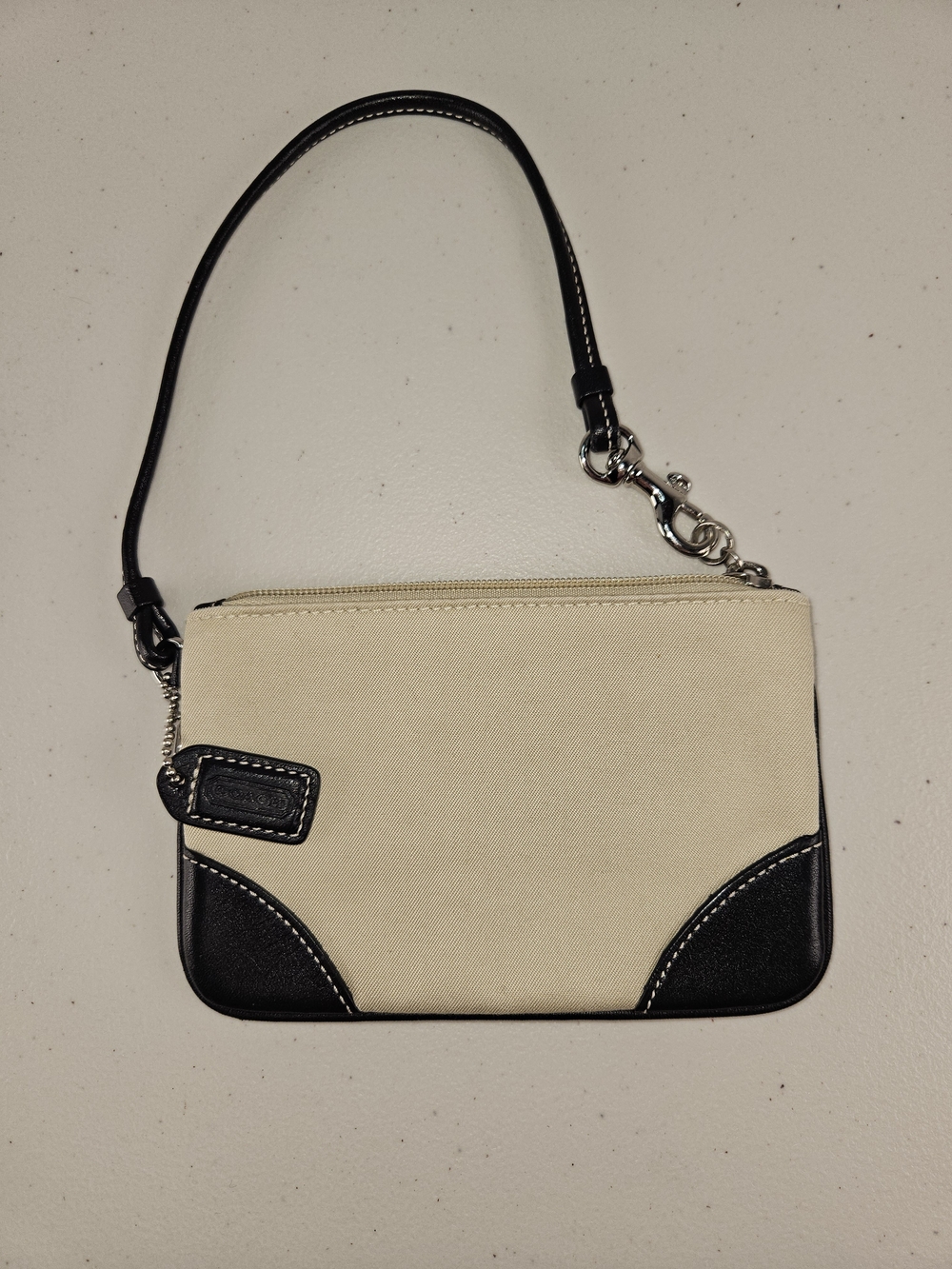 Coach Cream and Black Canvas Wristlet with Leather Trim